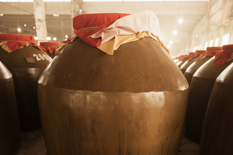 Large wooden barrel with a red cover in a storage area