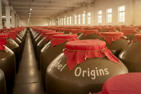 Row of large clay pots with red covers in a warehouse setting