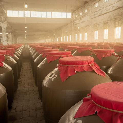 Large warehouse with rows of covered cylindrical tanks.