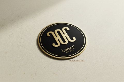 Black and gold circular logo on a textured beige background