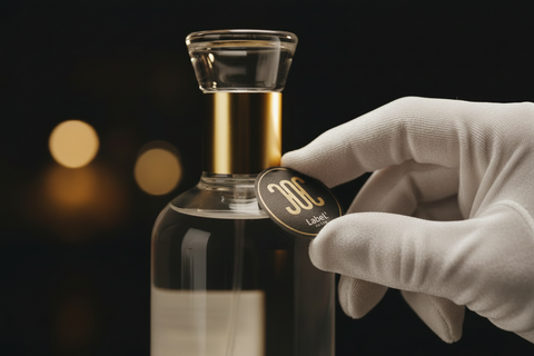 Clear bottle with a gold cap and beige label on a white background