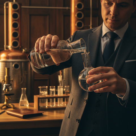 Man in a suit pouring liquid from one container to another in a distillery setting.