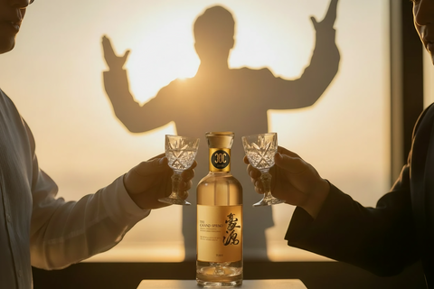 Two people holding glasses with a bottle of Grand Spring in front of a silhouette.
