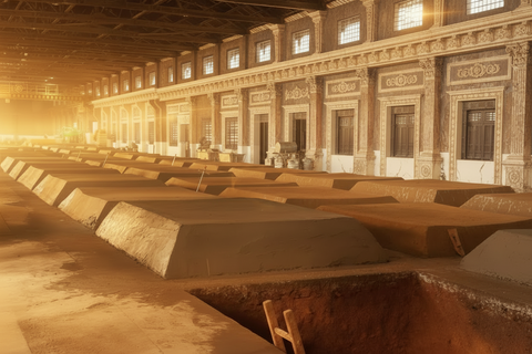 Large industrial interior with rows of concrete slabs and large windows.
