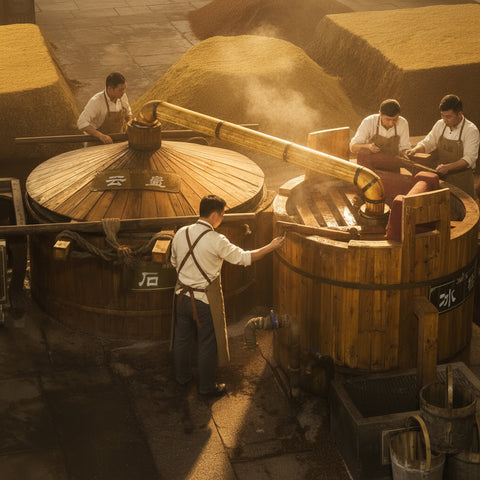 Traditional wooden brewing equipment with steam rising, likely in a brewery setting.