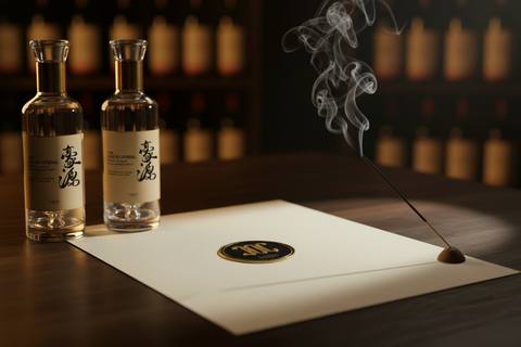 Two bottles of alcohol with incense and a letter on a wooden surface.