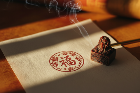 White paper with a red stamp on a wooden surface
